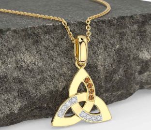 Diamond Citrine Gold Silver Celtic Trinity Knot Necklace