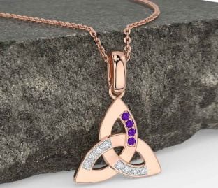 Diamond Amethyst Rose Gold Celtic Trinity Knot Necklace