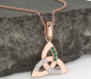 Diamond Emerald Rose Gold Celtic Trinity Knot Necklace