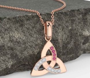 Diamond Pink Tourmaline Rose Gold Celtic Trinity Knot Necklace