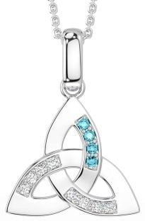 Diamond Aquamarine Silver Celtic Trinity Knot Necklace