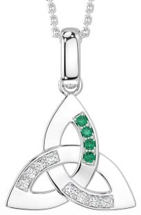 Diamond Emerald Silver Celtic Trinity Knot Necklace