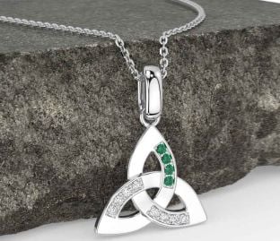 Diamond Emerald Silver Celtic Trinity Knot Necklace