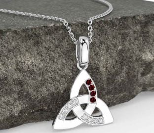 Diamond Garnet Silver Celtic Trinity Knot Necklace