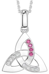 Diamond Pink Tourmaline Silver Celtic Trinity Knot Necklace