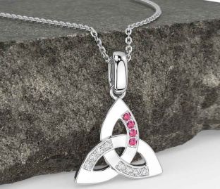 Diamond Pink Tourmaline White Gold Celtic Trinity Knot Necklace