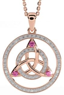 Diamond Pink Tourmaline Rose Gold Silver Celtic Trinity Knot Necklace