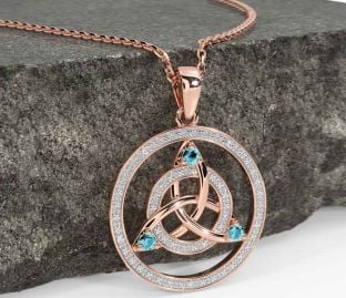 Diamond Aquamarine Rose Gold Celtic Trinity Knot Necklace