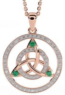 Diamond Emerald Rose Gold Celtic Trinity Knot Necklace