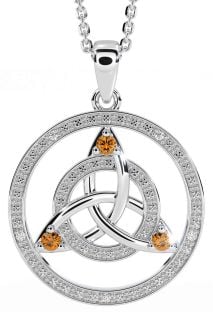 Diamond Citrine Silver Celtic Trinity Knot Necklace