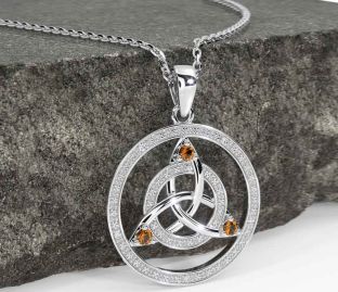 Diamond Citrine Silver Celtic Trinity Knot Necklace
