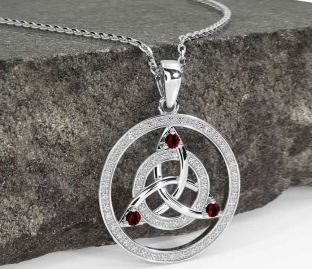 Diamond Garnet Silver Celtic Trinity Knot Necklace