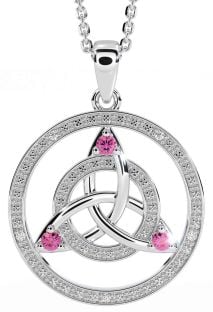 Diamond Pink Tourmaline Silver Celtic Trinity Knot Necklace