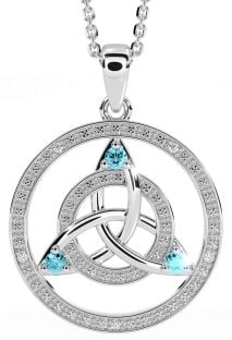 Diamond Aquamarine White Gold Celtic Trinity Knot Necklace