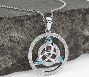 Diamond Aquamarine White Gold Celtic Trinity Knot Necklace