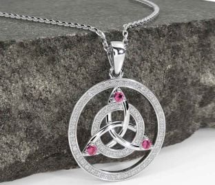 Diamond Pink Tourmaline White Gold Celtic Trinity Knot Necklace