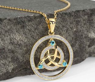 Diamond Aquamarine Gold Celtic Trinity Knot Necklace