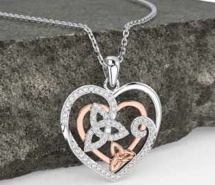 Diamond Rose Gold Silver Celtic Trinity Knot Necklace
