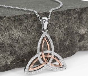 Diamond Rose Gold Silver Celtic Trinity Knot Necklace