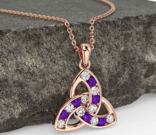 Diamond Amethyst Rose Gold Silver Celtic Trinity Knot Necklace