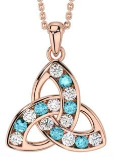 Diamond Aquamarine Rose Gold Silver Celtic Trinity Knot Necklace