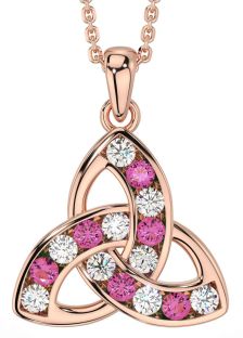 Diamond Pink Tourmaline Rose Gold Silver Celtic Trinity Knot Necklace