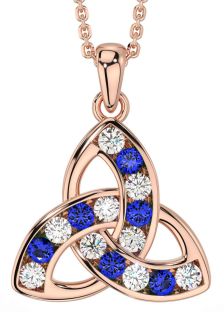 Diamond Sapphire Rose Gold Silver Celtic Trinity Knot Necklace