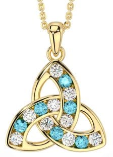 Diamond Aquamarine Gold Silver Celtic Trinity Knot Necklace