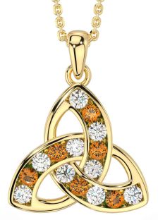 Diamond Citrine Gold Silver Celtic Trinity Knot Necklace