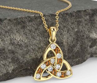 Diamond Citrine Gold Silver Celtic Trinity Knot Necklace