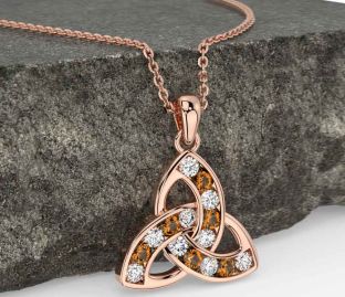 Diamond Citrine Rose Gold Celtic Trinity Knot Necklace
