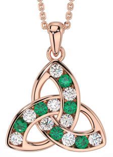 Diamond Emerald Rose Gold Celtic Trinity Knot Necklace