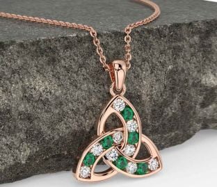 Diamond Emerald Rose Gold Celtic Trinity Knot Necklace