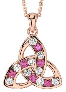 Diamond Pink Tourmaline Rose Gold Celtic Trinity Knot Necklace