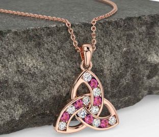 Diamond Pink Tourmaline Rose Gold Celtic Trinity Knot Necklace