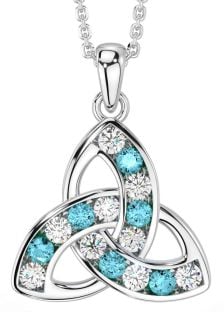 Diamond Aquamarine Silver Celtic Trinity Knot Necklace