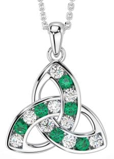 Diamond Emerald Silver Celtic Trinity Knot Necklace