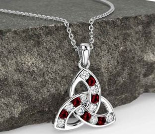 Diamond Garnet Silver Celtic Trinity Knot Necklace
