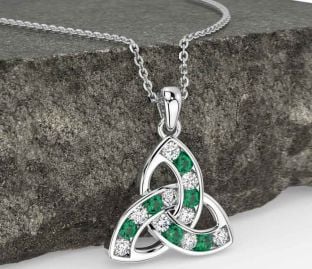 Diamond Emerald White Gold Celtic Trinity Knot Necklace