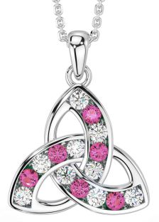 Diamond Pink Tourmaline White Gold Celtic Trinity Knot Necklace