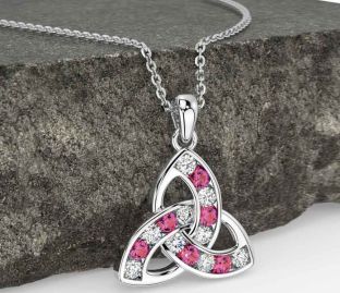 Diamond Pink Tourmaline White Gold Celtic Trinity Knot Necklace