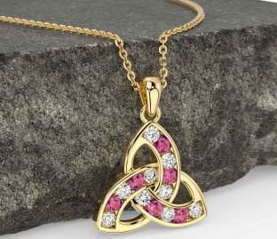 Diamond Pink Tourmaline Gold Celtic Trinity Knot Necklace