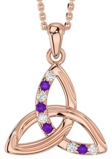 Diamond Amethyst Rose Gold Silver Celtic Trinity Knot Necklace