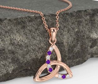 Diamond Amethyst Rose Gold Silver Celtic Trinity Knot Necklace