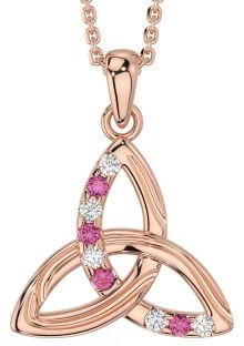 Diamond Pink Tourmaline Rose Gold Silver Celtic Trinity Knot Necklace