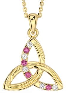 Diamond Pink Tourmaline Gold Silver Celtic Trinity Knot Necklace