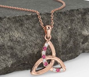 Diamond Pink Tourmaline Rose Gold Celtic Trinity Knot Necklace