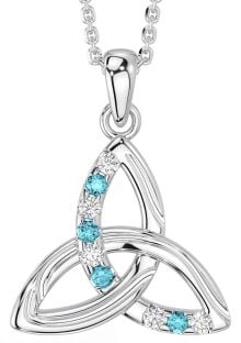 Diamond Aquamarine Silver Celtic Trinity Knot Necklace