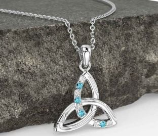 Diamond Aquamarine Silver Celtic Trinity Knot Necklace