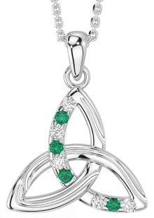 Diamond Emerald Silver Celtic Trinity Knot Necklace